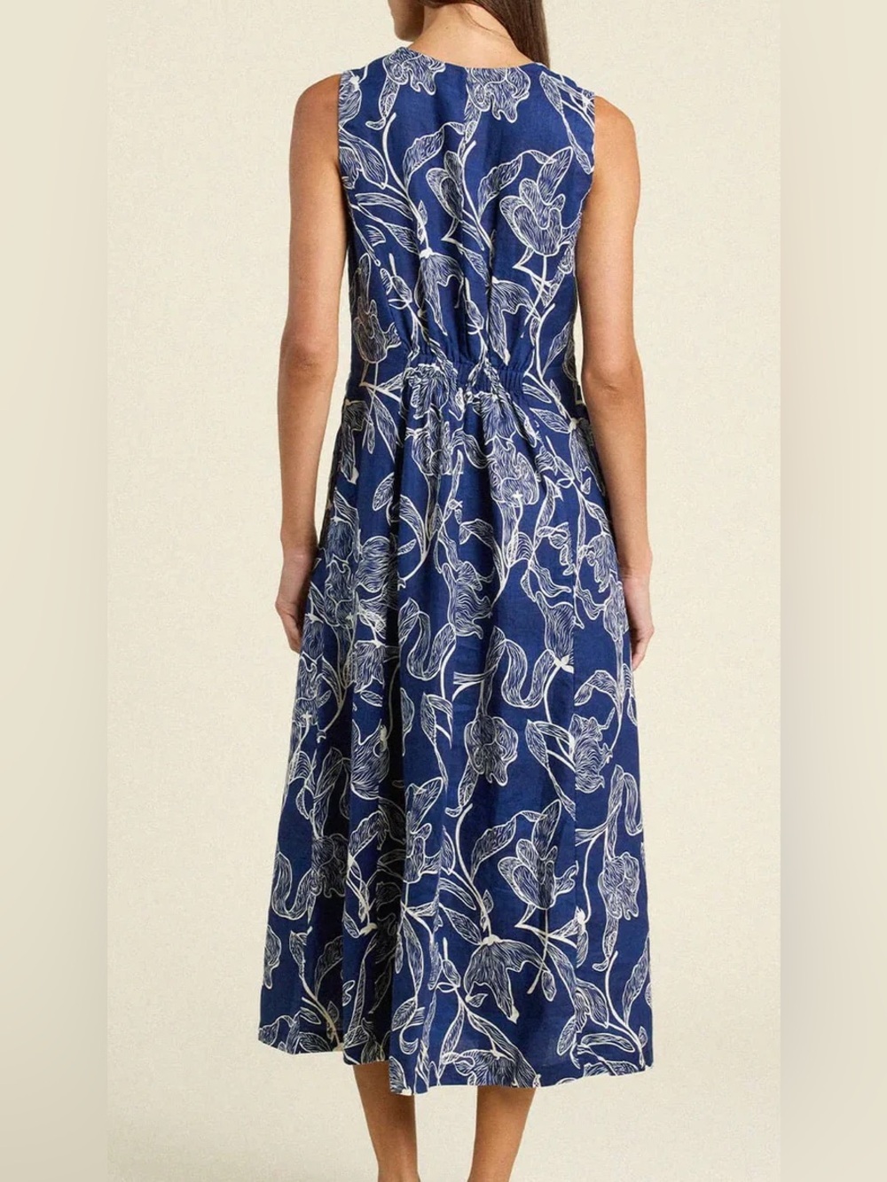 Trovata Navy and White Botanical Linen V-Neck Dress Medium - Picture 2 of 8